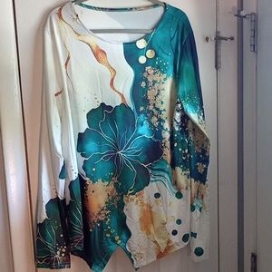 Abstract Teal and Gold Women's Top, Long Sleeves, 100% Polyester, New, 2X